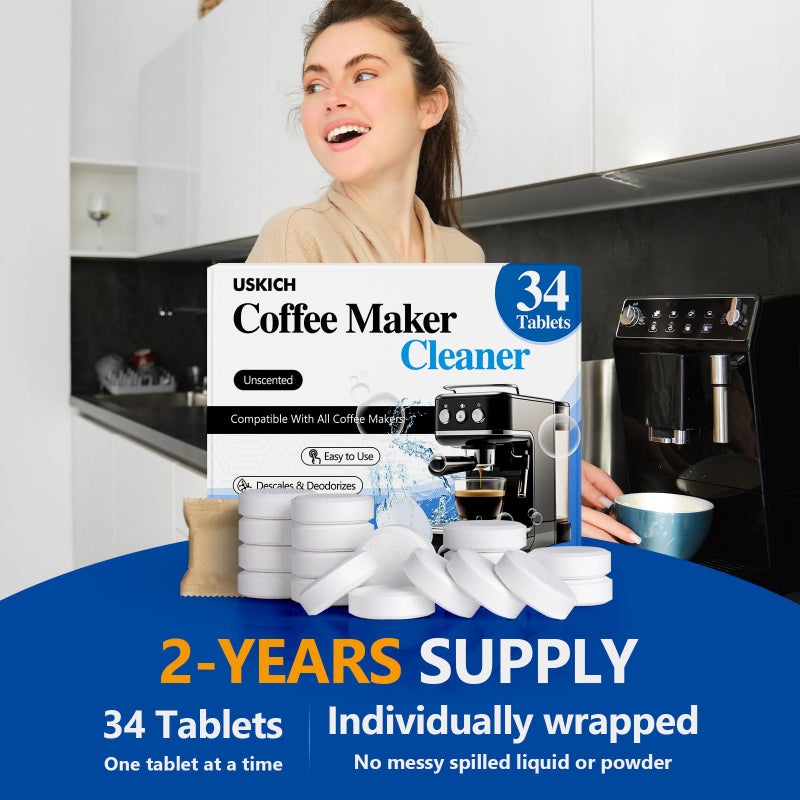USKICH Coffee Machine Cleaner Descaler Tablets 34 Pack, Coffee Maker Cleaner for Keurig, Ninja, Breville, Delonghi, Nespresso, Miele,Espresso Machine Cleaning Tabs,Descaling Solution for Coffee Pot Maker - Image 2