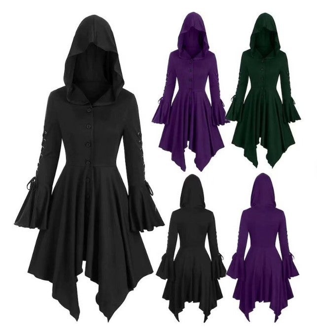 2022 Gothic Hooded Cape Coat with Asymmetric Hem and Lotus Sleeves Purple  - Image 2