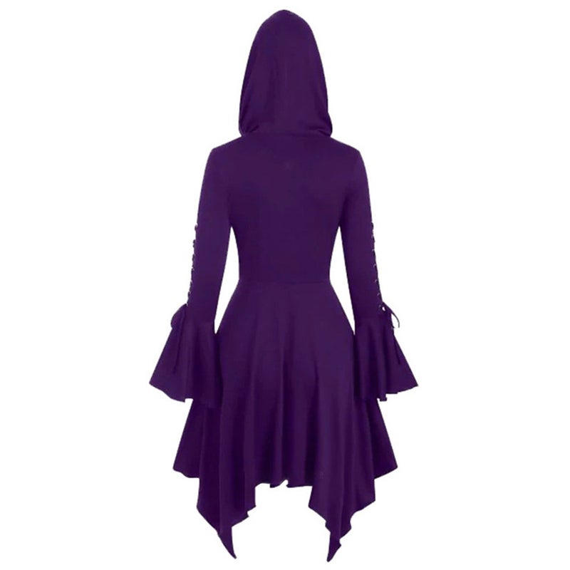 2022 Gothic Hooded Cape Coat with Asymmetric Hem and Lotus Sleeves Purple  - Image 4
