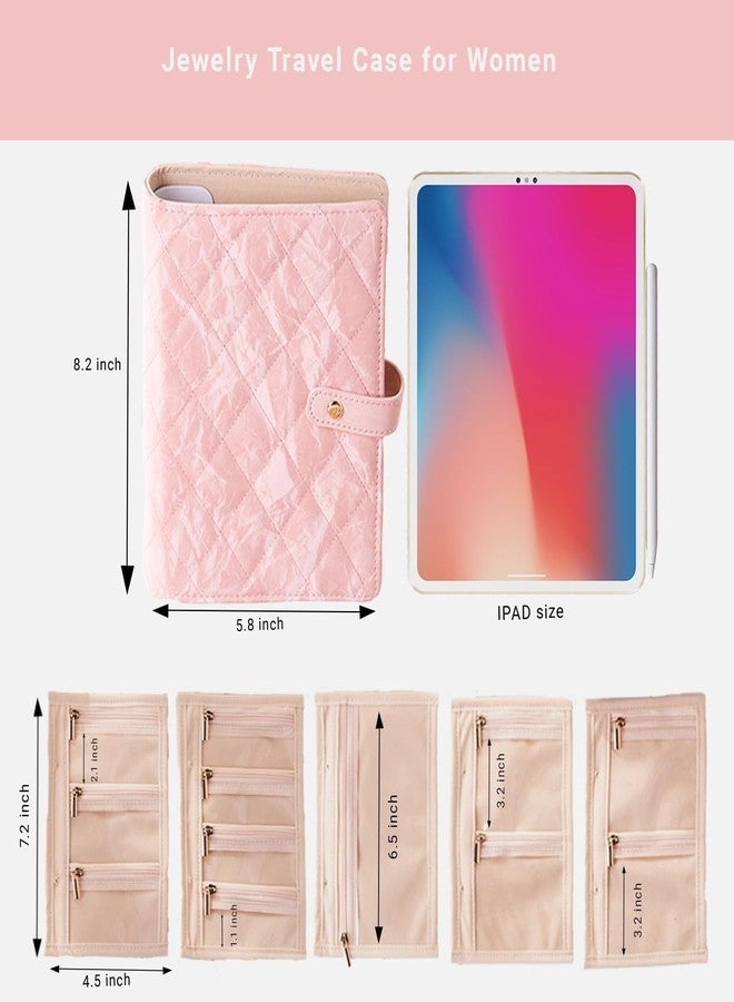 AMOAMI Travel Jewelry Organizer Case, Foldable Velvet Jewelry Storage Book with Clear Zipper Pouch for Rings, Necklaces, Earrings, Bracelets(Pink) - Image 2