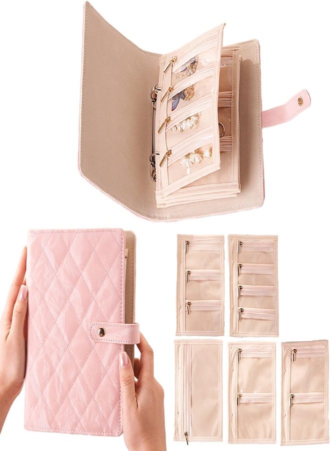 AMOAMI Travel Jewelry Organizer Case, Foldable Velvet Jewelry Storage Book with Clear Zipper Pouch for Rings, Necklaces, Earrings, Bracelets(Pink) - Image 1