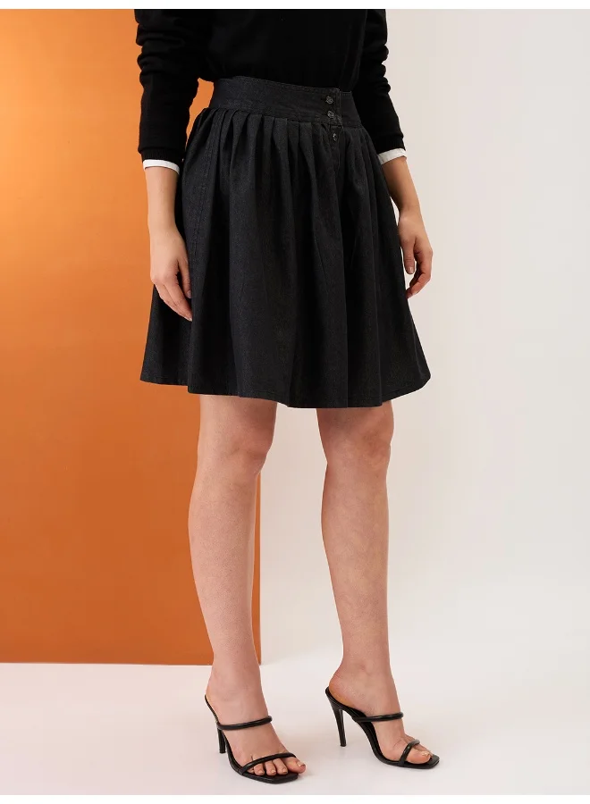 globus Women Black High-Rise Pleated Button-Down Above Knee Flared Denim Skirt