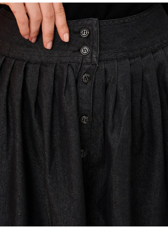 globus Women Black High-Rise Pleated Button-Down Above Knee Flared Denim Skirt