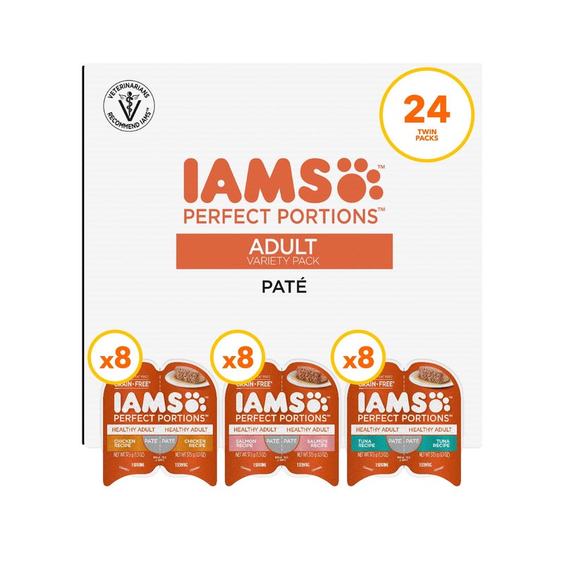 IAMS Perfect Portions Sensitive Digestion & Skin Wet Cat Food Pate, Healthy Adult Grain Free Pate, Chicken and Salmon Recipes, (24) 2.6 oz. Variety Twin-Pack Trays - Image 1