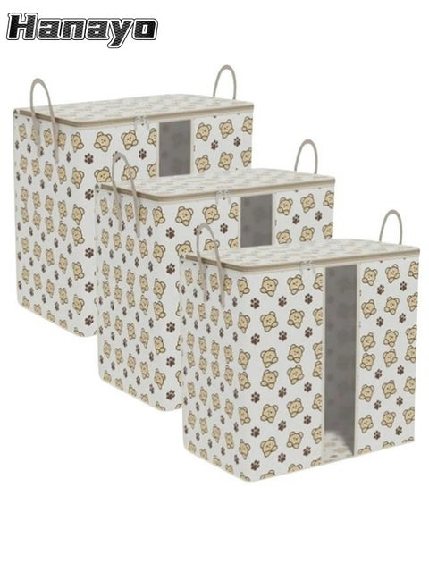 3 Pcs Storage Bags Foldable Closet Organizers Storage Containers with Handle Clear Window Storage Containers for Bedding Comforters(Beige)