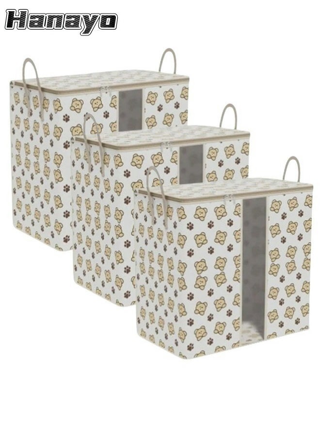 3 Pcs Storage Bags Foldable Closet Organizers Storage Containers with Handle Clear Window Storage Containers for Bedding Comforters(Beige)
