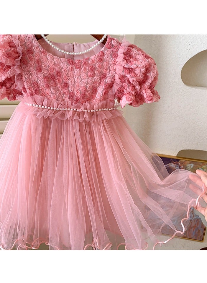 Baby Girl Birthday Party Dress, 3-4 Years, Light Pink Rose Tulle Princess Dress with Pearl Waistband and Puff Sleeves, Special Occasion Toddler Outfit, Elegant Flower Girl Dress for 100cm Height - Image 4