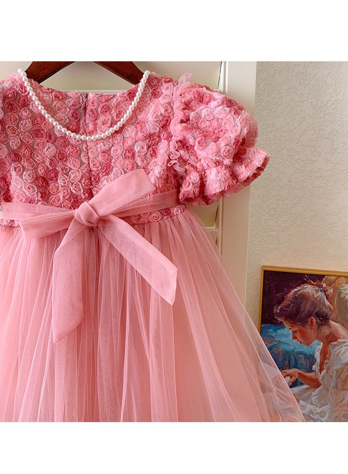 Baby Girl Birthday Party Dress, 3-4 Years, Light Pink Rose Tulle Princess Dress with Pearl Waistband and Puff Sleeves, Special Occasion Toddler Outfit, Elegant Flower Girl Dress for 100cm Height - Image 5