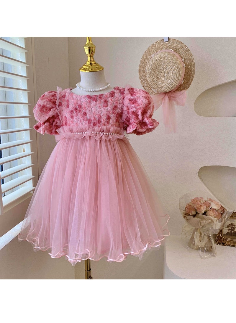 Baby Girl Birthday Party Dress, 3-4 Years, Light Pink Rose Tulle Princess Dress with Pearl Waistband and Puff Sleeves, Special Occasion Toddler Outfit, Elegant Flower Girl Dress for 100cm Height - Image 1