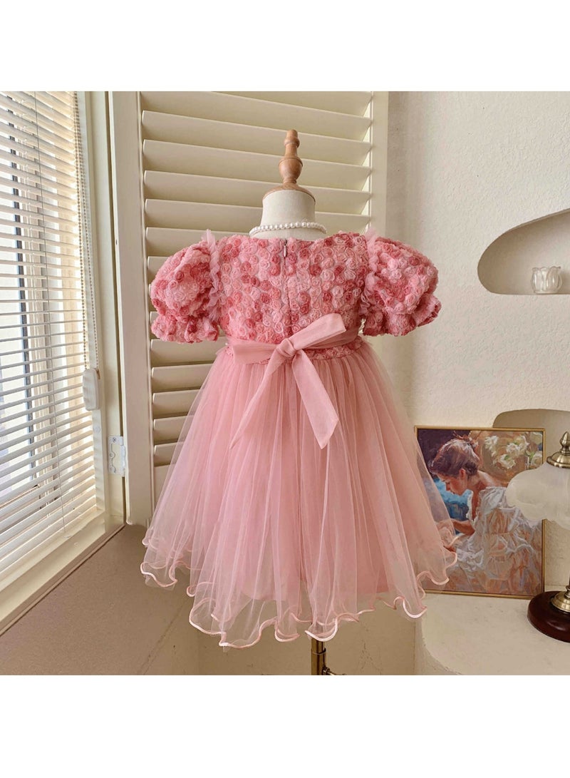 Baby Girl Birthday Party Dress, 3-4 Years, Light Pink Rose Tulle Princess Dress with Pearl Waistband and Puff Sleeves, Special Occasion Toddler Outfit, Elegant Flower Girl Dress for 100cm Height - Image 2