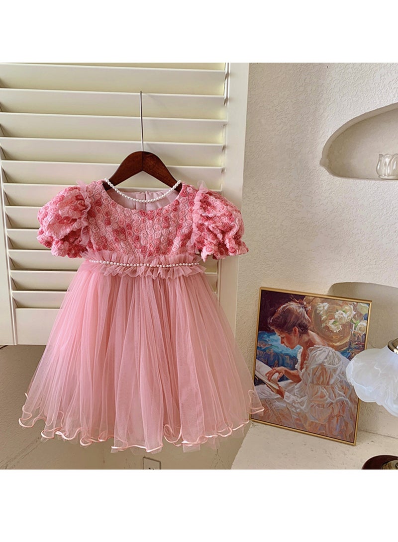 Baby Girl Birthday Party Dress, 3-4 Years, Light Pink Rose Tulle Princess Dress with Pearl Waistband and Puff Sleeves, Special Occasion Toddler Outfit, Elegant Flower Girl Dress for 100cm Height - Image 3
