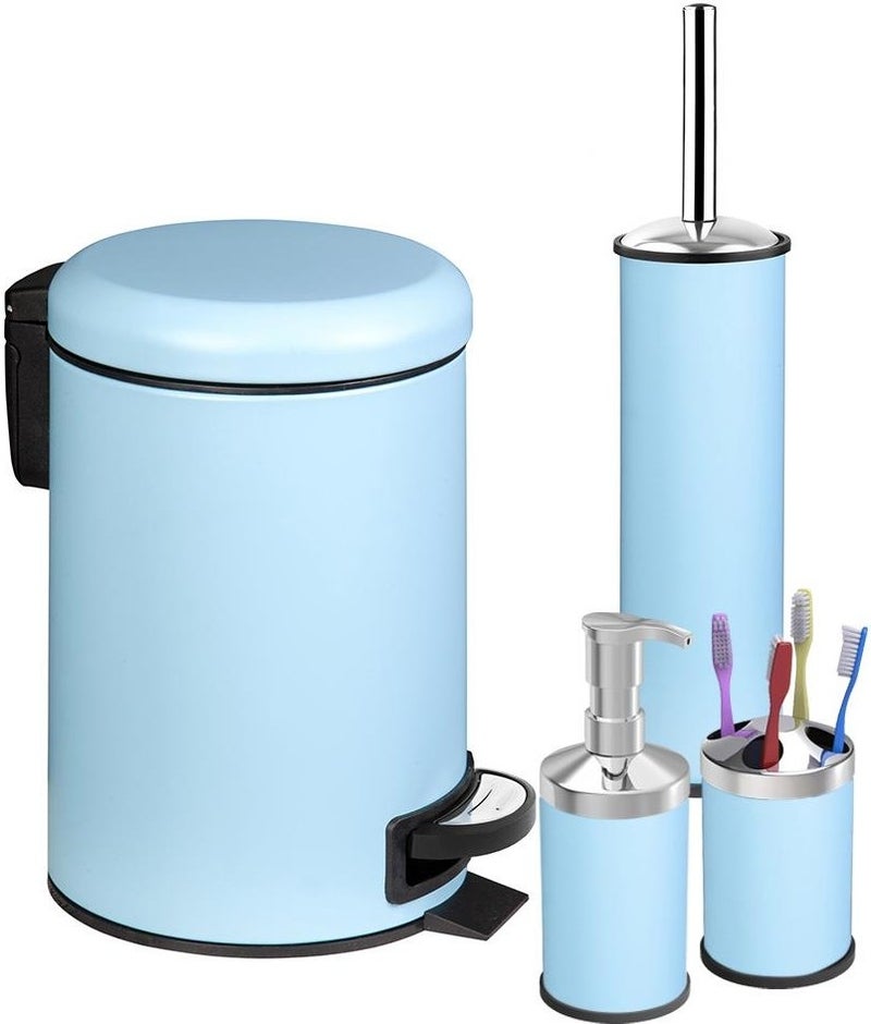 Siliwax Elite Series 4-Piece Bathroom Set Trash Can WC Brush Soap Dish Toothbrush Holder - Blue (3 Lt) (Soft Close)