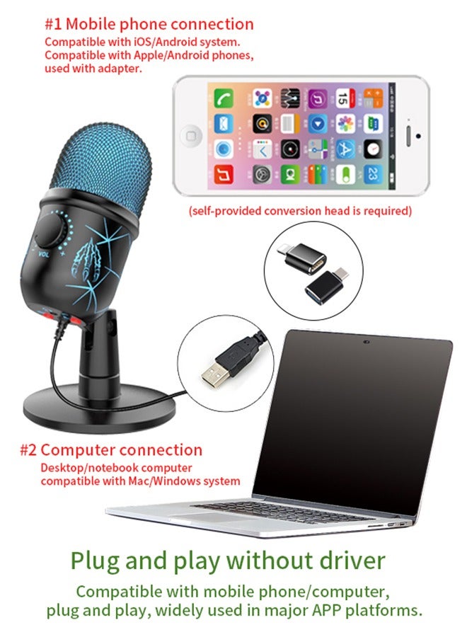 Enhanced Gaming Microphone: USB Computer Mic for PC, PS4, PS5, Mac, Studio Condenser Podcast Mic for Recording, YouTube, Streaming, with Headphone Jack, LED Light, Mute, Gain, Noise Cancellation - Image 4