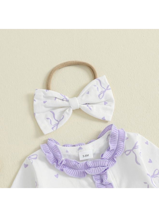 BULINGNA Newborn Baby Girl Outfits Bow Print Jumpsuit Ruffle Zipper Footed One-Piece Romper Cute Fall Winter Baby Outfit, Pink, 0-3 Months - Image 5