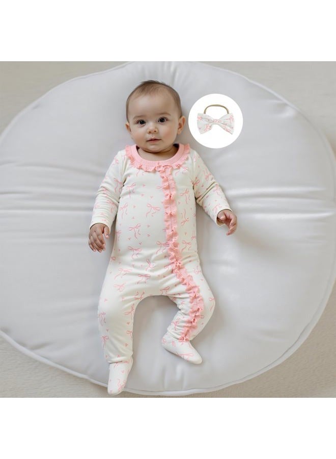 BULINGNA Newborn Baby Girl Outfits Bow Print Jumpsuit Ruffle Zipper Footed One-Piece Romper Cute Fall Winter Baby Outfit, Pink, 0-3 Months - Image 2