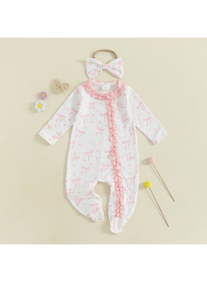 BULINGNA Newborn Baby Girl Outfits Bow Print Jumpsuit Ruffle Zipper Footed One-Piece Romper Cute Fall Winter Baby Outfit, Pink, 0-3 Months - Image 4