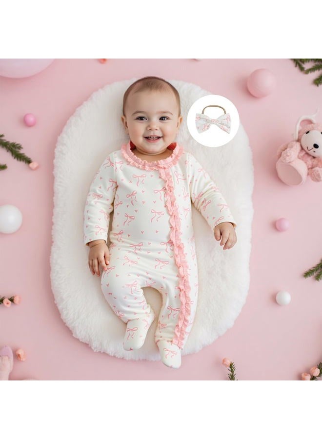BULINGNA Newborn Baby Girl Outfits Bow Print Jumpsuit Ruffle Zipper Footed One-Piece Romper Cute Fall Winter Baby Outfit, Pink, 0-3 Months - Image 3