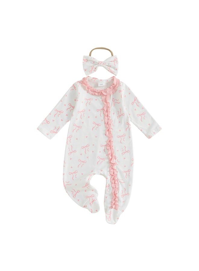 BULINGNA Newborn Baby Girl Outfits Bow Print Jumpsuit Ruffle Zipper Footed One-Piece Romper Cute Fall Winter Baby Outfit, Pink, 0-3 Months - Image 1