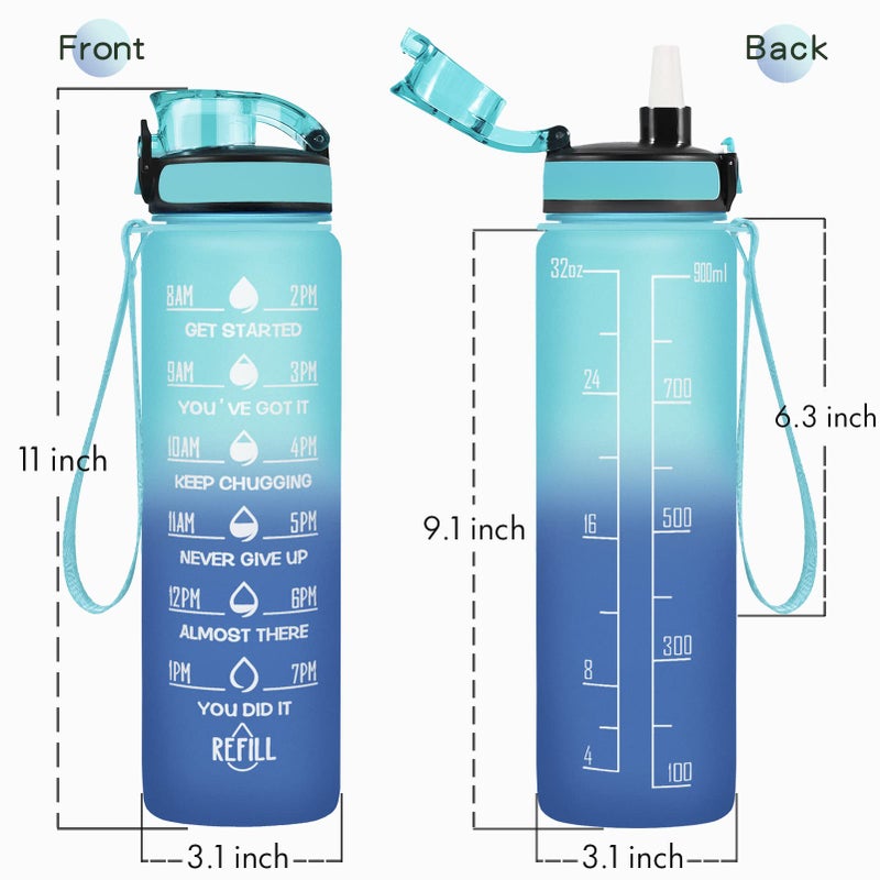Enerbone 32 oz Water Bottle, Leakproof BPA & Toxic Free, Motivational Water Bottle with Times to Drink and Straw, Fitness Sports Water Bottle with Strap for Office, Gym, Outdoor Sports, Green-Blue - Image 3