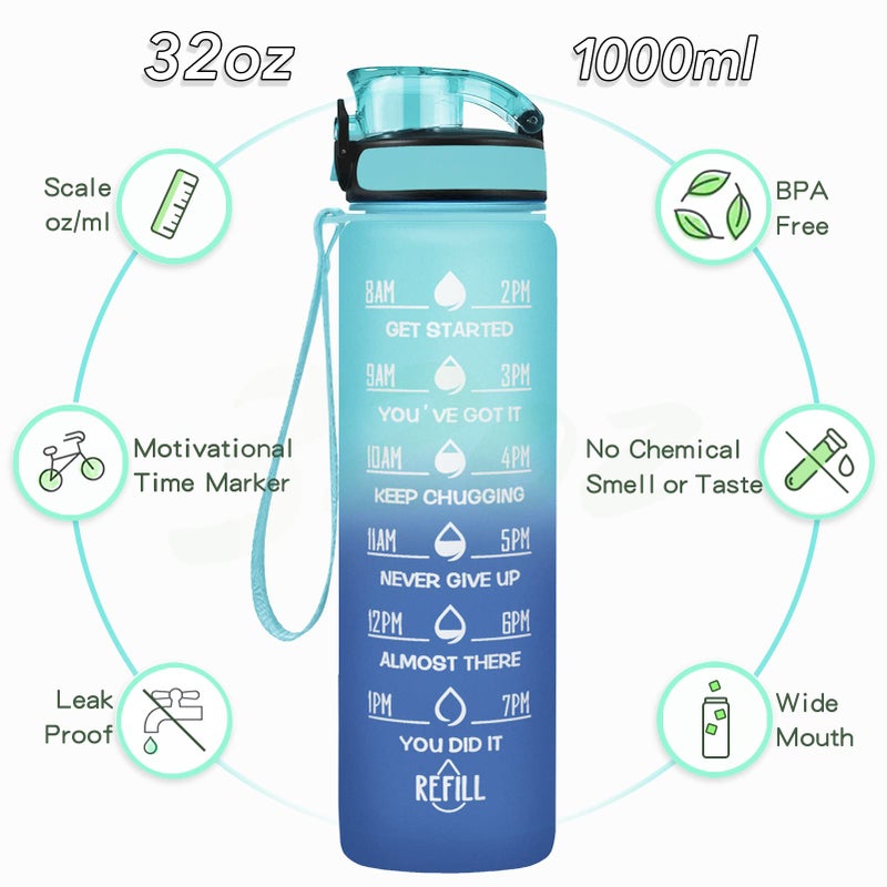 Enerbone 32 oz Water Bottle, Leakproof BPA & Toxic Free, Motivational Water Bottle with Times to Drink and Straw, Fitness Sports Water Bottle with Strap for Office, Gym, Outdoor Sports, Green-Blue - Image 2