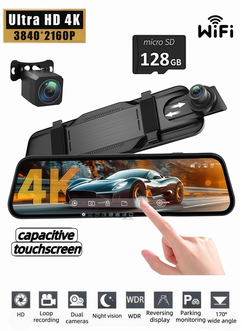 9.66-inch 4K (3840*2160) Dash Cam with WiFi and GPS, G-sensor support, up to 128GB memory card. Dual-lens front and rear recording, streaming rearview mirror, IPS display, driving video recorder. - Image 1