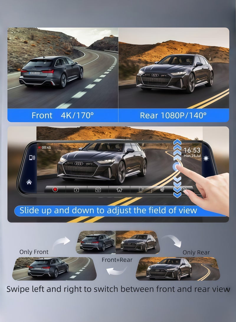 9.66-inch 4K (3840*2160) Dash Cam with WiFi and GPS, G-sensor support, up to 128GB memory card. Dual-lens front and rear recording, streaming rearview mirror, IPS display, driving video recorder. - Image 2