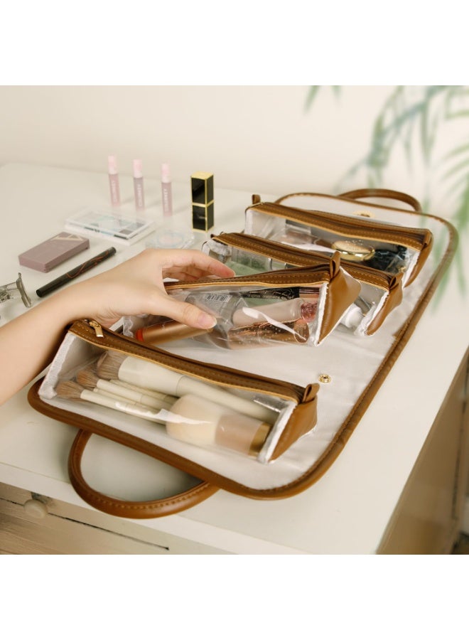 Makeup Bag, Portable Cosmetic Bag, PU Leather Waterproof Foldable Toiletry Bag with 4 Small Toiletry Organizer - Image 2