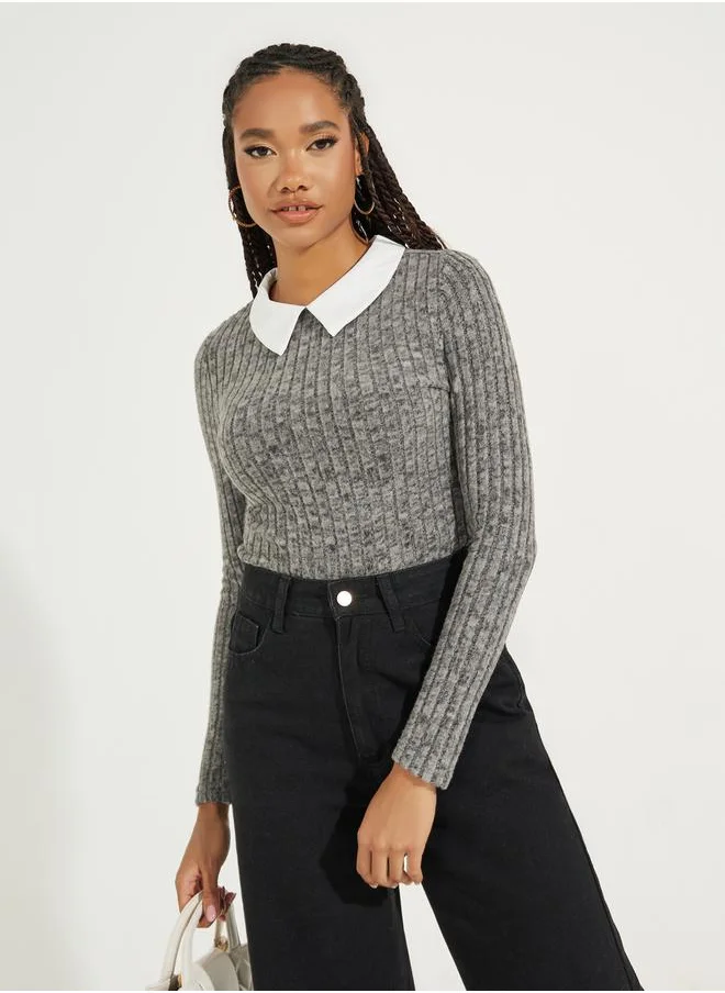 Take Two Rib Knit Bodysuit with Contrast Collar