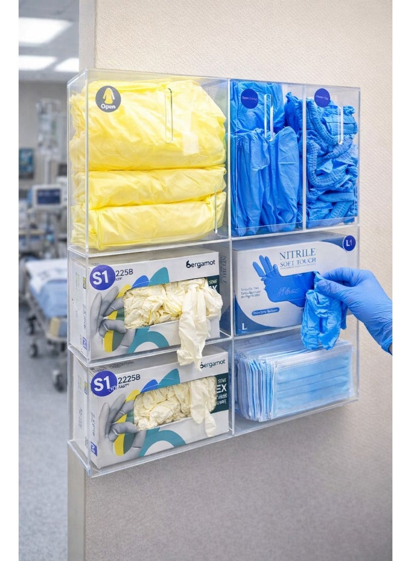 Slasa Medical-Grade Disposable PPE Dispenser with 7 Compartments, Clear Acrylic Hygiene Station for Gloves, Masks, Gowns, Shoe & Head Covers, Wall Mount Organizer, 50 x 50 x 10 cm, 4 mm Thick - Image 1