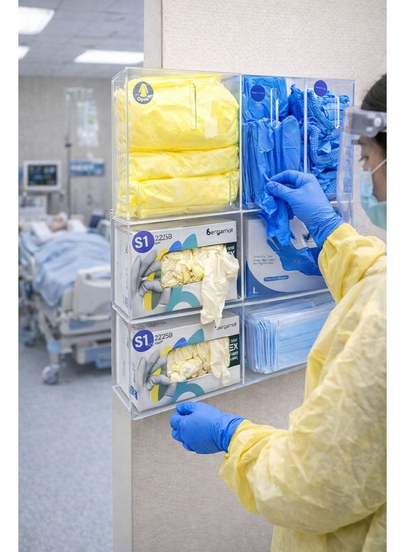 Slasa Medical-Grade Disposable PPE Dispenser with 7 Compartments, Clear Acrylic Hygiene Station for Gloves, Masks, Gowns, Shoe & Head Covers, Wall Mount Organizer, 50 x 50 x 10 cm, 4 mm Thick - Image 2