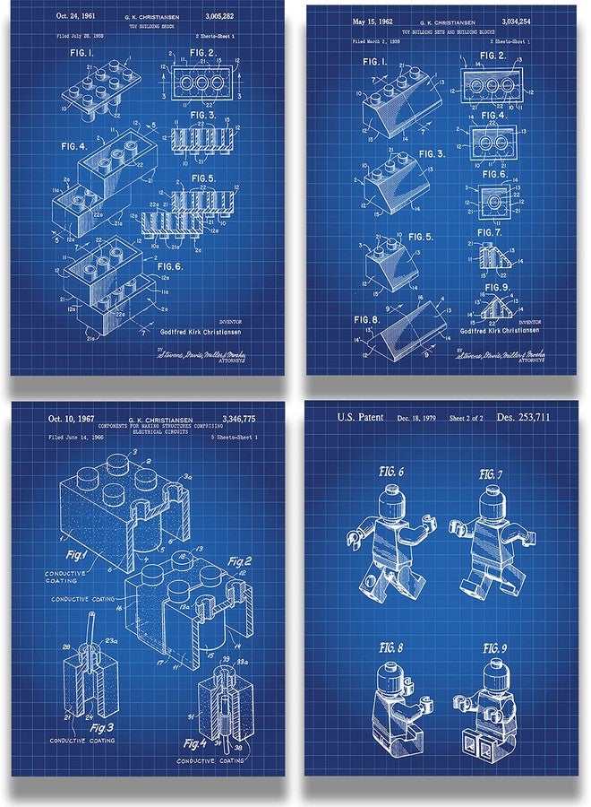 Govivo Legos Patent - A Set of Four Lego Patents Wall Art Decor Prints with blue backgrounds - unframed artwork printed on photograph paper - Image 1