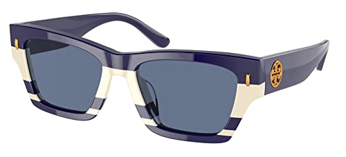 Tory Burch نظارات شمسية مستطيلة للنساء من توري بورش TY7169U، Navy Ivory Vintage Strip، 52mm - Image 3