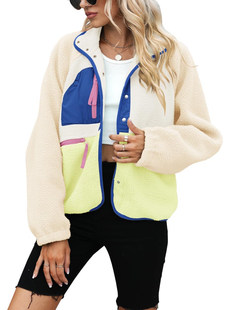 Yanekop Fleece Jacket Women Button Down Sherpa Jacket Christmas Sweaters Fuzzy Outerwear Cropped Jacket with Pockets(B Beige Khaki Blue,L) - Image 2