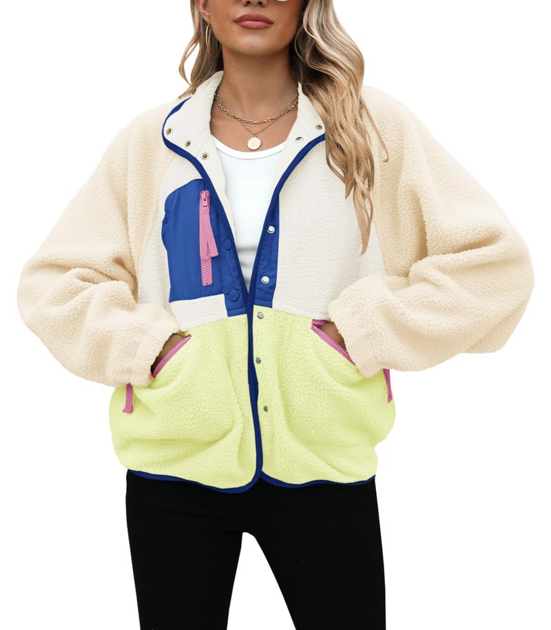 Yanekop Fleece Jacket Women Button Down Sherpa Jacket Christmas Sweaters Fuzzy Outerwear Cropped Jacket with Pockets(B Beige Khaki Blue,L) - Image 3