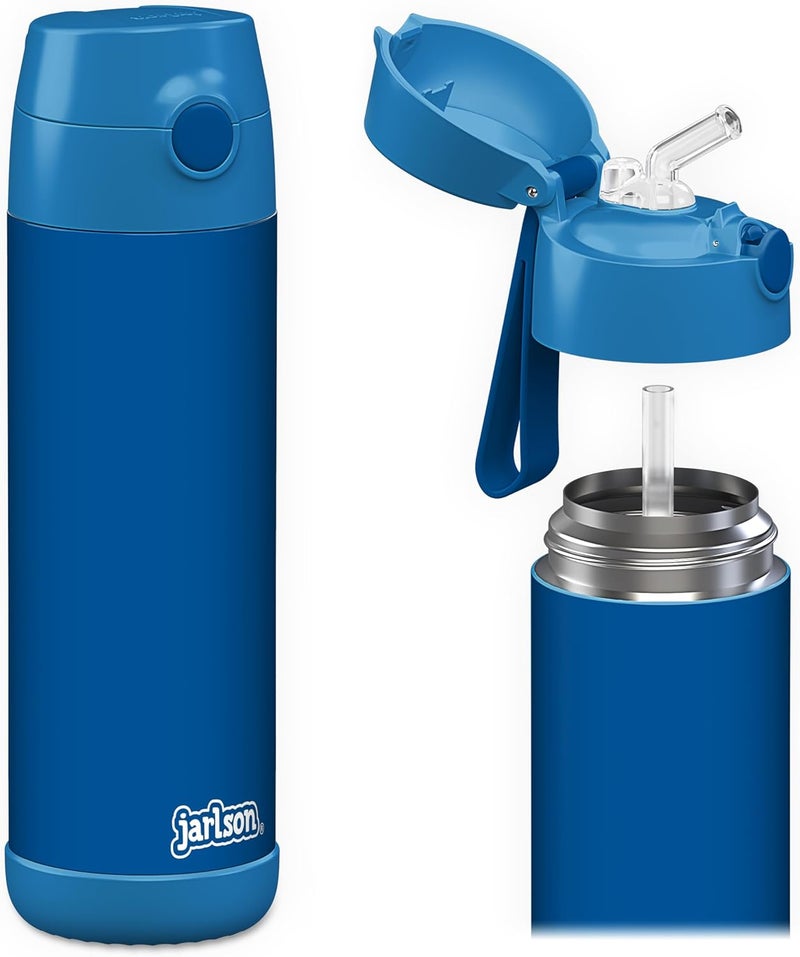 Jarlson قارورة مياه أطفال جارلسون® شارلي [18 أونصة] - قارورة ترمس فولاذية مقاومة للصدأ مع قشة - قارورة مياه معزولة مقاومة للانسكاب للمدرسة والرياضة - كوب ترمس للأولاد والبنات (أزرق) - Image 1