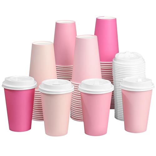 Purhapfre 40 Pcs 12 oz Pink Disposable Coffee Cups with Lids Hot Pink Light Pink Gradient Paper Cups for Hot and Cold Beverage Water Juice Coffee Tea Party Wedding Bride Shower Supplies - Image 1