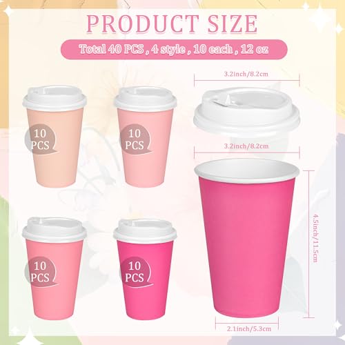 Purhapfre 40 Pcs 12 oz Pink Disposable Coffee Cups with Lids Hot Pink Light Pink Gradient Paper Cups for Hot and Cold Beverage Water Juice Coffee Tea Party Wedding Bride Shower Supplies - Image 2