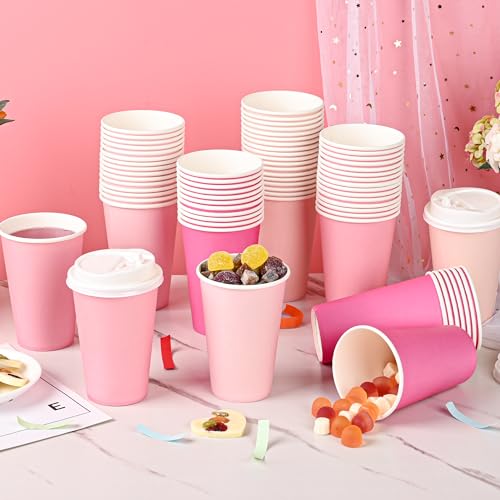 Purhapfre 40 Pcs 12 oz Pink Disposable Coffee Cups with Lids Hot Pink Light Pink Gradient Paper Cups for Hot and Cold Beverage Water Juice Coffee Tea Party Wedding Bride Shower Supplies - Image 3
