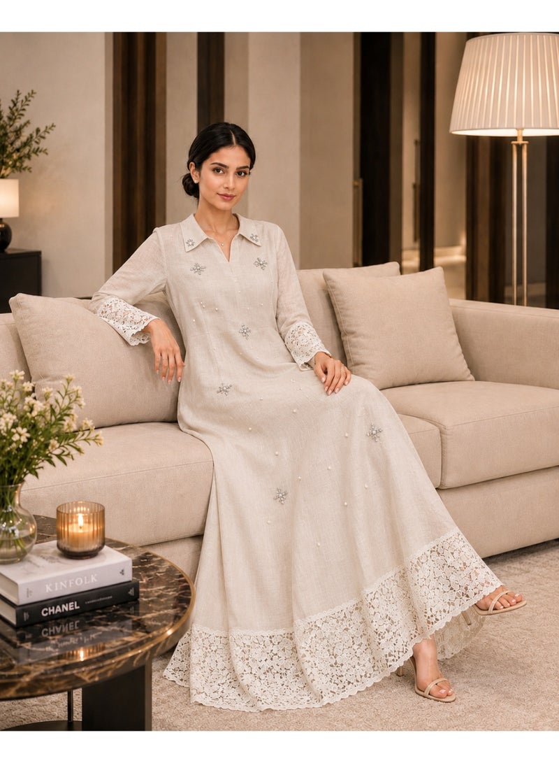 HONO Women's Elegant Embellished Maxi Dress with Lace Hem, Collared Neck, 3/4 Sleeve, Beige - Image 2