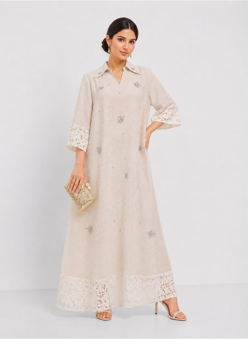 HONO Women's Elegant Embellished Maxi Dress with Lace Hem, Collared Neck, 3/4 Sleeve, Beige - Image 1