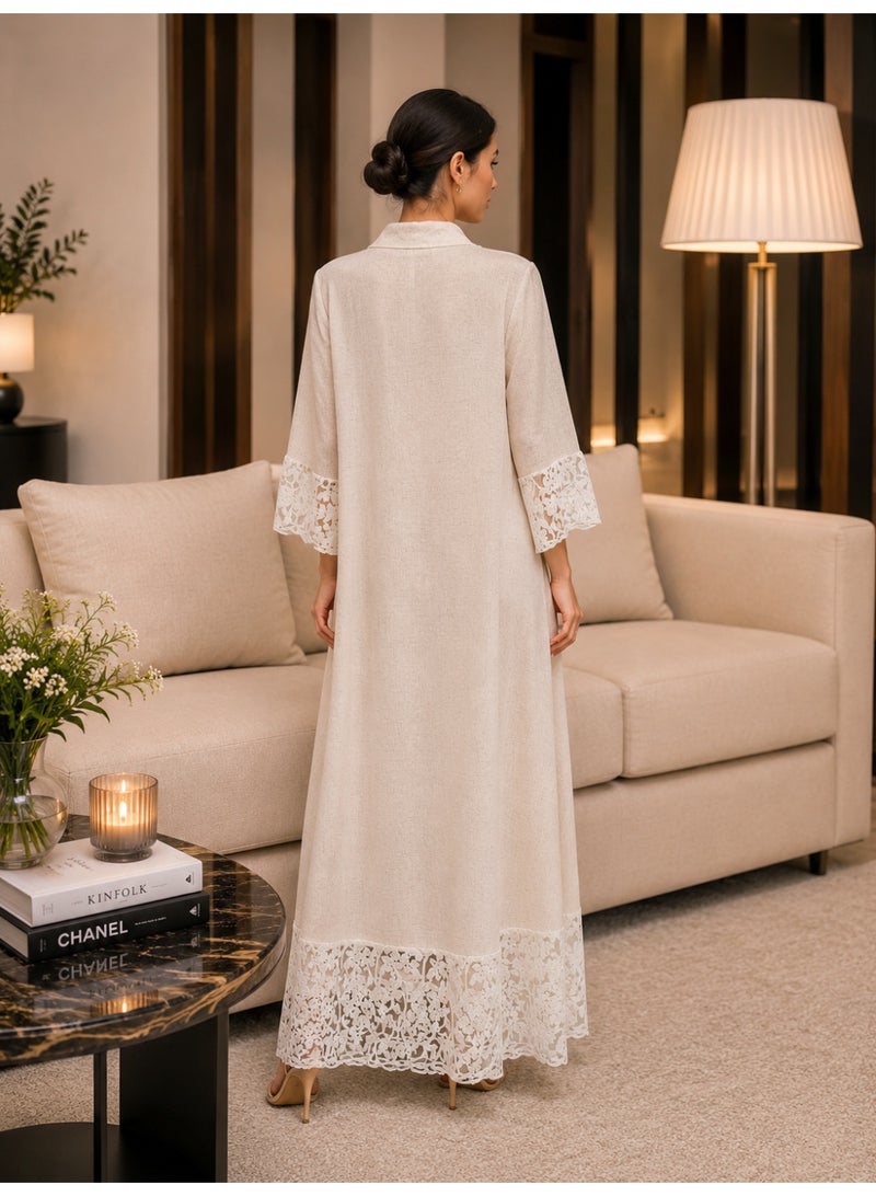 HONO Women's Elegant Embellished Maxi Dress with Lace Hem, Collared Neck, 3/4 Sleeve, Beige - Image 4