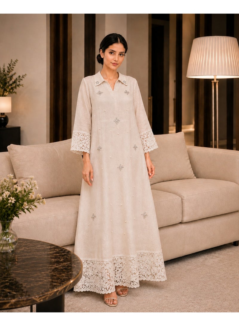 HONO Women's Elegant Embellished Maxi Dress with Lace Hem, Collared Neck, 3/4 Sleeve, Beige - Image 3