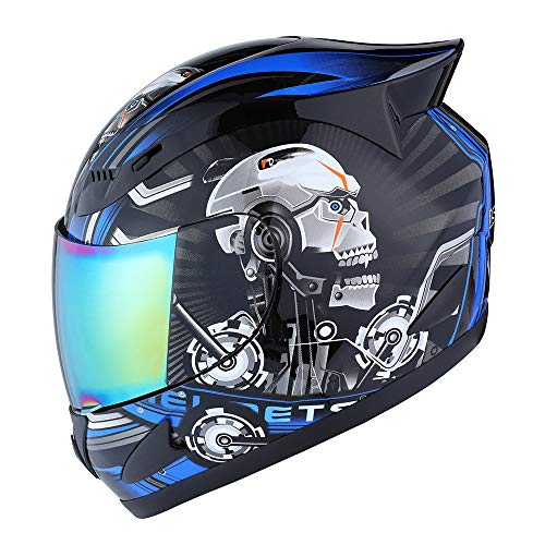 1Storm Motorcycle Bike Full FACE Helmet Mechanic Skull - Tinted Visor Blue - Image 1
