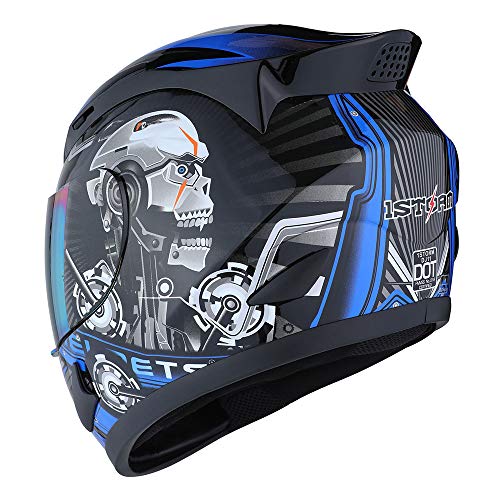 1Storm Motorcycle Bike Full FACE Helmet Mechanic Skull - Tinted Visor Blue - Image 4