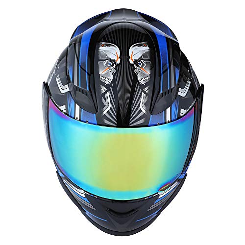 1Storm Motorcycle Bike Full FACE Helmet Mechanic Skull - Tinted Visor Blue - Image 5