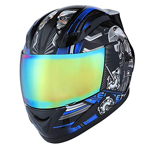 1Storm Motorcycle Bike Full FACE Helmet Mechanic Skull - Tinted Visor Blue - Image 2