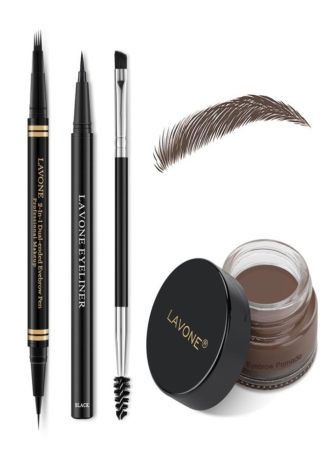 LAVONE Eyebrow Pen Makeup Kit With 4 Tip Waterproof Microblading Pencil, Eyeliner, Pomade and Dual-ended Brush - Natural Looking Brow Kit for Brunette - Image 1