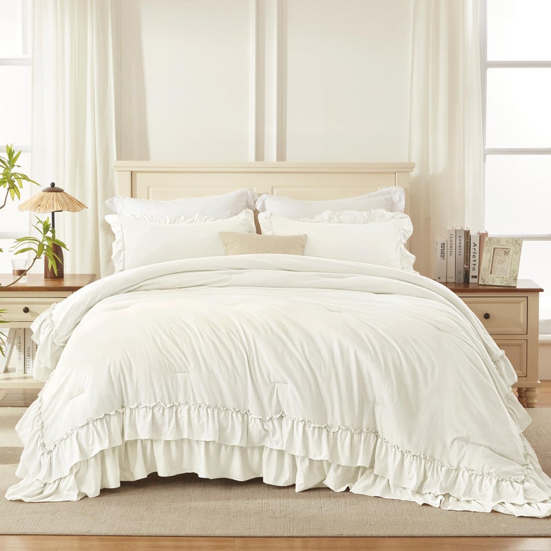 Andency Ivory Comforter Set Queen Size, Lightweight Fluffy Farmhouse Ruffle Bedding Set, Soft Microfiber All Season Shabby Chic Bed Comforter Set 3 Pieces(1 Comforter 2 Pillowcases) - Image 3
