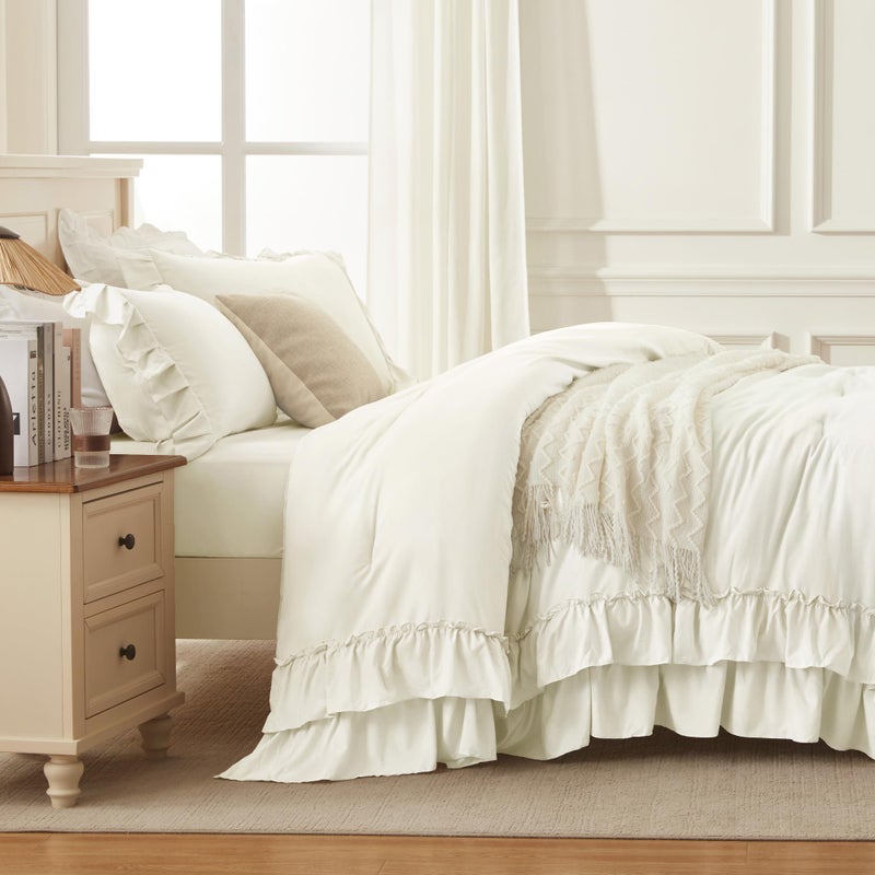 Andency Ivory Comforter Set Queen Size, Lightweight Fluffy Farmhouse Ruffle Bedding Set, Soft Microfiber All Season Shabby Chic Bed Comforter Set 3 Pieces(1 Comforter 2 Pillowcases) - Image 5