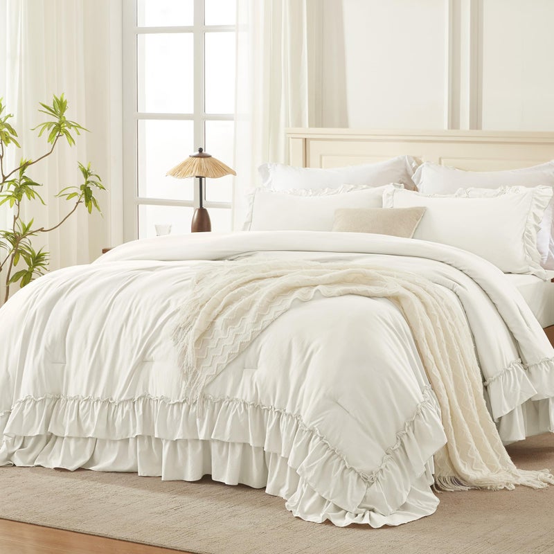 Andency Ivory Comforter Set Queen Size, Lightweight Fluffy Farmhouse Ruffle Bedding Set, Soft Microfiber All Season Shabby Chic Bed Comforter Set 3 Pieces(1 Comforter 2 Pillowcases) - Image 1